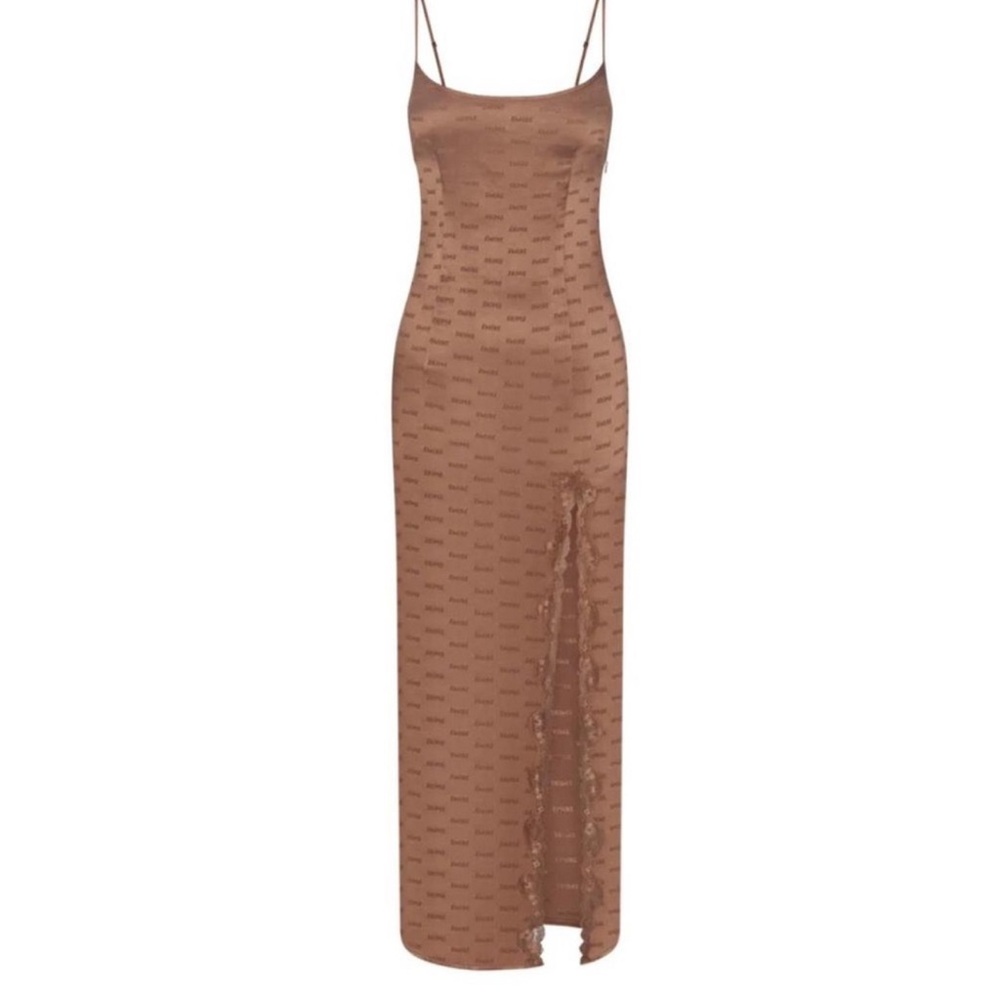 NEW NWT SKIMS Jacquard Lace Long Slipt Jasper Brown Satin Dress size S